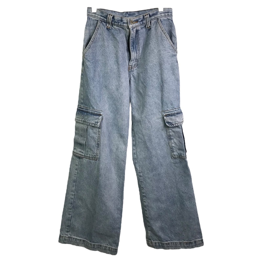 J. Galt Women's Jeans High Rise Wide Leg Blue Cargo Denim Cotton Light Wash Sz S